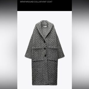 ZARA black and white wraparound collar knit coat with Pockets NWT